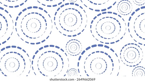  Padrão de círculo abstrato contínuo com anéis tracejados multicoloridos no plano de fundo preto, ideal para design digital moderno, têxteis, papel de embrulho e projetos gráficos geométricos elegantes.