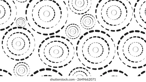  Padrão de círculo abstrato contínuo com anéis tracejados multicoloridos no plano de fundo preto, ideal para design digital moderno, têxteis, papel de embrulho e projetos gráficos geométricos elegantes.