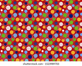 Seamless abstract circle pattern with polka dot on it with red background