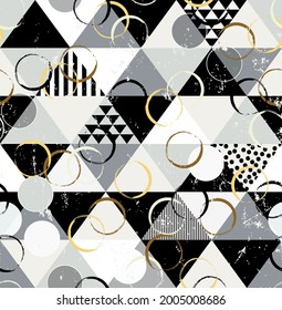 seamless abstract circle pattern, with triangles, dots, paint strokes and splashes, black and white