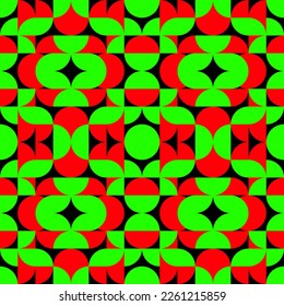 Nahtloser abstrakter Kreis.Halbkreis-Blumengrafik auf schwarzem Hintergrund.Grüne schwarze Halbkreisgrafik.Einfache abstrakte geometrische Illustration.Geometrisches Hintergrundmuster.Textile Illustration