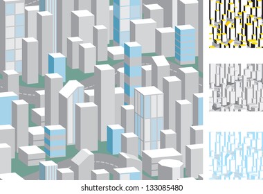 Seamless abstract city. Four vector  patterns with skyscrapers