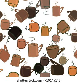 Seamless abstract coffee cup illustrations background. Cartoon style vector graphic.