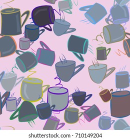 Seamless abstract coffee cup illustrations background. Cartoon style vector graphic.