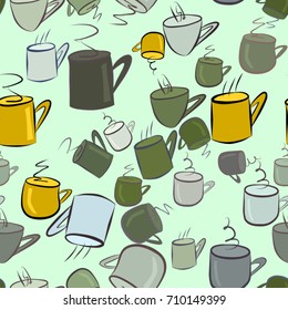 Seamless abstract coffee cup illustrations background. Cartoon style vector graphic.