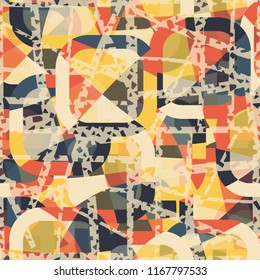 Seamless abstract color pattern consisting of divided rounded squares. The painting is covered with translucent chaotic lines in which there are many holes.