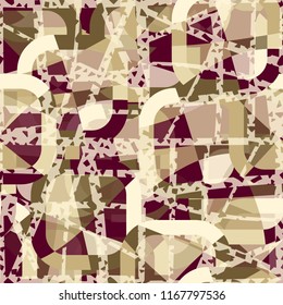 Seamless abstract color pattern consisting of divided rounded squares. The painting is covered with translucent chaotic lines in which there are many holes.