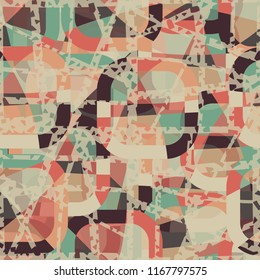 Seamless abstract color pattern consisting of divided rounded squares. The painting is covered with translucent chaotic lines in which there are many holes.