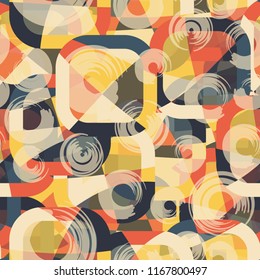 Seamless abstract color pattern consisting of divided rounded squares. The picture is chaotically covered with translucent circles.