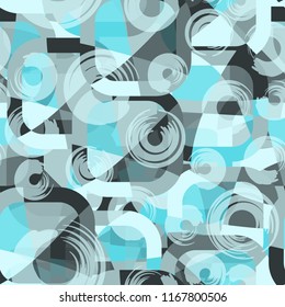 Seamless abstract color pattern consisting of divided rounded squares. The picture is chaotically covered with translucent circles.