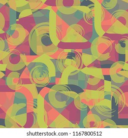 Seamless abstract color pattern consisting of divided rounded squares. The picture is chaotically covered with translucent circles.