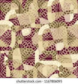 Seamless abstract color pattern consisting of divided rounded squares. The painting is covered with a translucent network consisting of squares that are formed by arc-shaped lines.