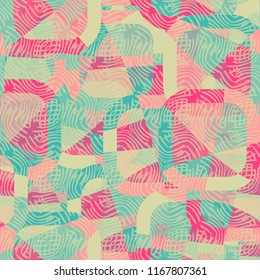 Seamless abstract color pattern consisting of divided rounded squares. The painting is covered with ornamentation consisting of curved lines.