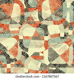 Seamless abstract color pattern consisting of divided rounded squares. The painting is covered with ornamentation consisting of curved lines.