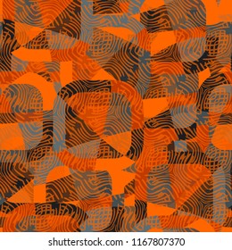 Seamless abstract color pattern consisting of divided rounded squares. The painting is covered with ornamentation consisting of curved lines.