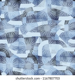 Seamless abstract color pattern consisting of divided rounded squares. The picture is covered with translucent square suns.