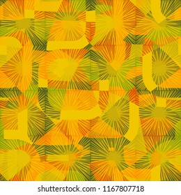 Seamless abstract color pattern consisting of divided rounded squares. The picture is covered with translucent square suns.