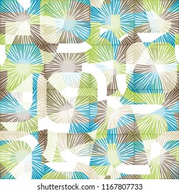 Seamless abstract color pattern consisting of divided rounded squares. The picture is covered with translucent square suns.