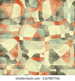 Seamless abstract color pattern consisting of divided rounded squares. The picture is covered with translucent square suns.