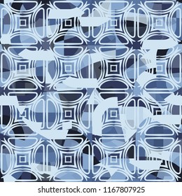 Seamless abstract color pattern consisting of divided rounded squares. The painting is covered with a network of half-bubbles and four-pointed stars.