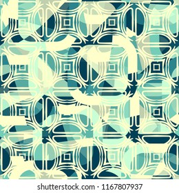 Seamless abstract color pattern consisting of divided rounded squares. The painting is covered with a network of half-bubbles and four-pointed stars.