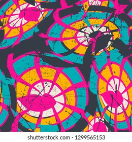 Seamless abstract color pattern consisting of divided rounded squares. The picture is chaotically covered with translucent circles.