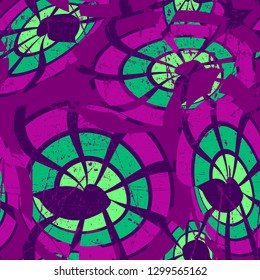 Seamless abstract color pattern consisting of divided rounded squares. The picture is chaotically covered with translucent circles.