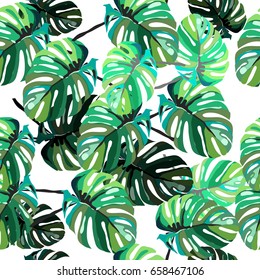 Seamless abstract color pattern with floral elements. Image of exotic tropical monster leaves. Imitation of the picture by watercolor. Summer motifs. Vector illustration. 