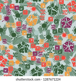 Seamless abstract color pattern. Spring paints.
Background consisting of brush strokes and stripes. Easy to edit.