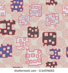 Seamless abstract color pattern. Texture in camouflage style. Rounded squares with holes. In the background, a group of contour five-pointed stars.