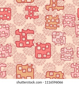 Seamless abstract color pattern. Texture in camouflage style. Rounded squares with holes. In the background, a group of contour five-pointed stars.