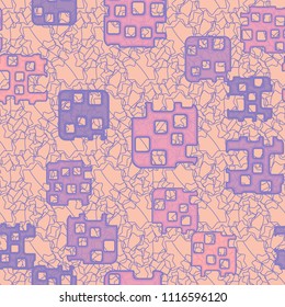 Seamless abstract color pattern. Texture in camouflage style. Rounded squares with holes. In the background an openwork grille composed of seven-pointed stars.