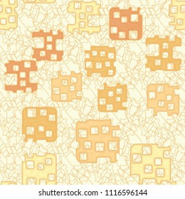 Seamless abstract color pattern. Texture in camouflage style. Rounded squares with holes. In the background an openwork grille composed of seven-pointed stars.