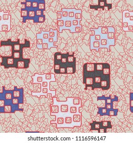 Seamless abstract color pattern. Texture in camouflage style. Rounded squares with holes. In the background an openwork grille composed of seven-pointed stars.