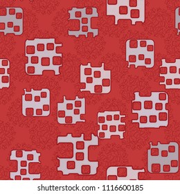 Seamless abstract color pattern. Texture in camouflage style. Rounded squares with holes. In the background, a group of contour five-pointed stars.