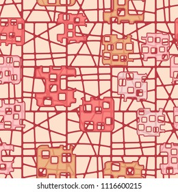 Seamless abstract color pattern. Texture in camouflage style. Rounded squares with holes. The background is a lattice of fragmented rectangles.
