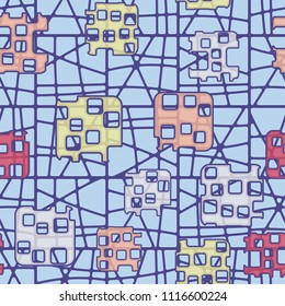Seamless abstract color pattern. Texture in camouflage style. Rounded squares with holes. The background is a lattice of fragmented rectangles.