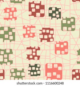 Seamless abstract color pattern. Texture in camouflage style. Rounded squares with holes. The background is a lattice of fragmented rectangles.