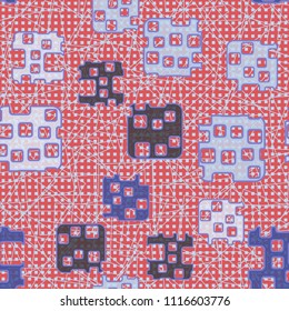 Seamless abstract color pattern. Texture in camouflage style. Rounded squares with holes. In the background is a network of small squares and contour rectangles.