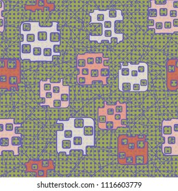 Seamless abstract color pattern. Texture in camouflage style. Rounded squares with holes. In the background is a network of small squares and contour rectangles.
