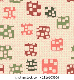 Seamless abstract color pattern. Texture in camouflage style. Rounded squares with holes. In the background is a network of small squares and contour rectangles.