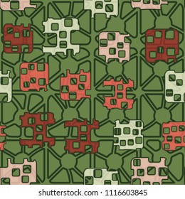 Seamless abstract color pattern. Texture in camouflage style. Rounded squares with holes. In the background, a grid composed of fragmented elements.