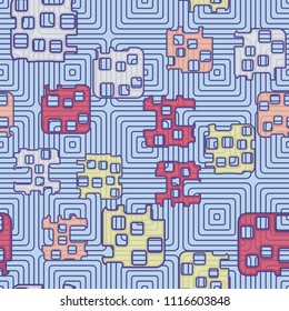 Seamless abstract color pattern. Texture in camouflage style. Rounded squares with holes. In the background, a grid composed of concentric elements.