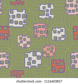 Seamless abstract color pattern. Texture in camouflage style. Rounded squares with holes. In the background, a grid composed of concentric elements.