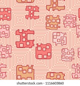 Seamless abstract color pattern. Texture in camouflage style. Rounded squares with holes. In the background, a grid composed of concentric elements.