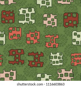 Seamless abstract color pattern. Texture in camouflage style. Rounded squares with holes. In the background, a group of contour five-pointed stars.