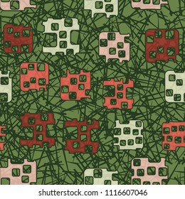 Seamless abstract color pattern. Texture in camouflage style. Rounded squares with holes. In the background there is a chaos of straight lines.