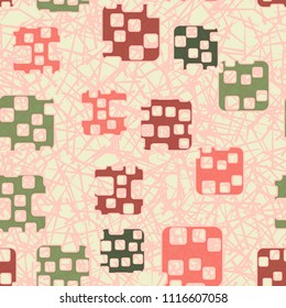 Seamless abstract color pattern. Texture in camouflage style. Rounded squares with holes. In the background there is a chaos of straight lines.