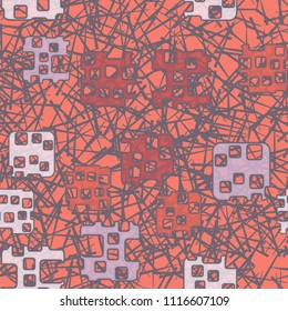 Seamless abstract color pattern. Texture in camouflage style. Rounded squares with holes. In the background there is a chaos of straight lines.