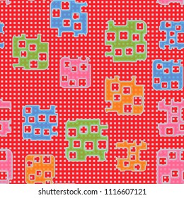 Seamless abstract color pattern. Texture in camouflage style. Rounded squares with holes. In the background is a network of small squares.